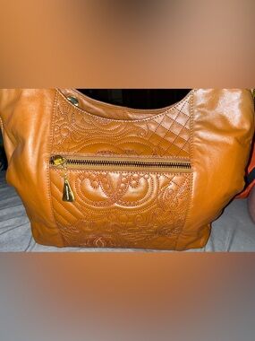 Sharif Cognac Quilted Shoulder Bag with Gold Hardware